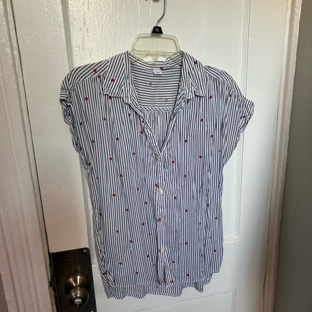 Striped Button-Up Blouse with Strawberry Accents